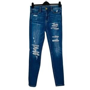 American Eagle Women's 8 Jeans Blue Super Stretch Distressed Hi-Rise Jegging